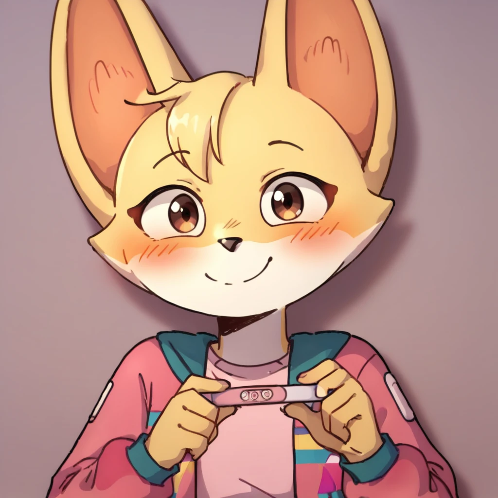 score_9, score_8_up, score_7_up, score_6_up, score_5_up, score_4_up, kit casey, fox, anthro, female, furry, holding pregnancy test, looking at viewer, headshot, blush, shy, smile, pink jacket, shirt, solo