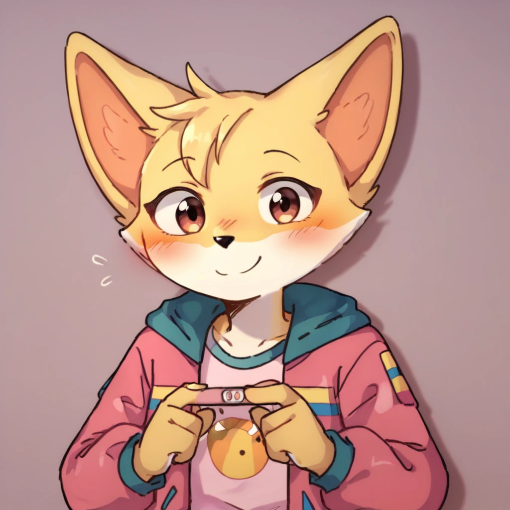 score_9, score_8_up, score_7_up, score_6_up, score_5_up, score_4_up, kit casey, fox, anthro, female, furry, holding pregnancy test, looking at viewer, headshot, blush, shy, smile, pink jacket, shirt, solo