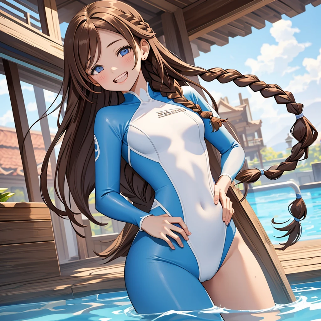 (masterpiece:1.4、top-quality、illustration:1.4,realistic、)、(character focus、breast focus,upper body)、(1girl),(Open mouth happy grin:1.3),(half closed eyes),cute face,blue eyes、(hand on own hip:1.3)、
,(stand:1.4),(Shining smile),
,(slender),(rash guard),(braid,long brown hair:1.6), (small breasts)、
、slender、pool,、