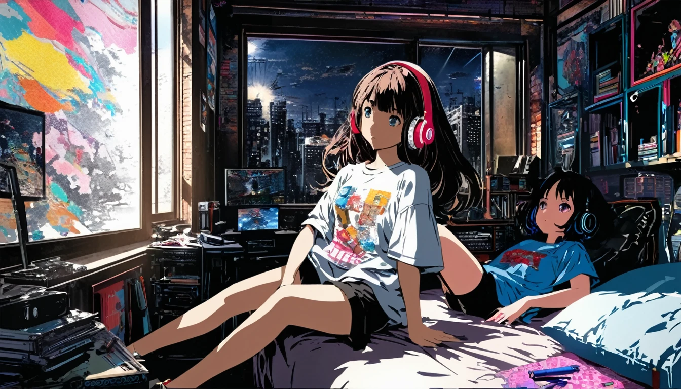 (masterpiece), highest quality, Expressive eyes, Neon pastel aesthetics, Retro 90s, Neon color,((Girl sitting on sofa,In a cozy room,Records hanging on her wall, Comic books on the floor, Looking out the window behind her at the night city, Upholstered room, Anime figures lined up on a shelf)), Wearing headphones, (All around her it sparkles), (wearing thick colorful sneakers), (blue eyes), (Soft look), (Synthwave Art Style), Colorful Hair, Desk with PC set up