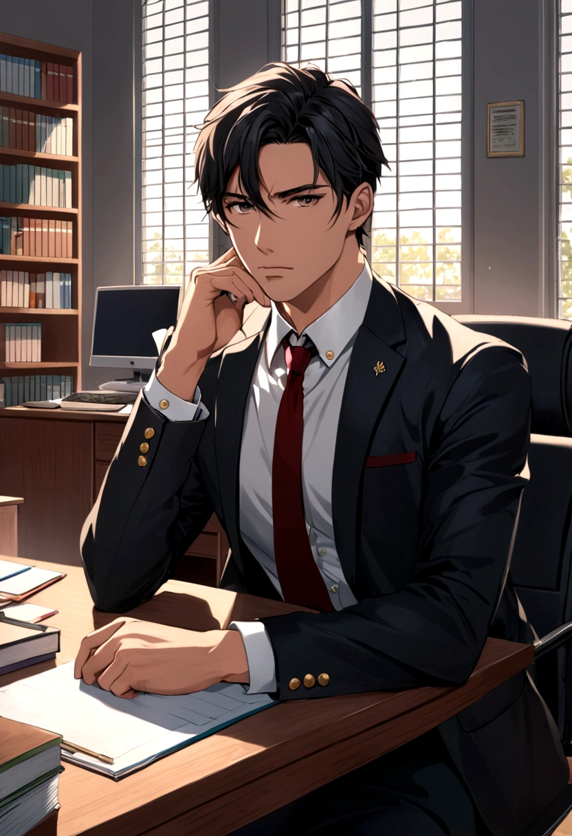 An extremely handsome boy who is the principal of a high school sitting in his office with a serious look