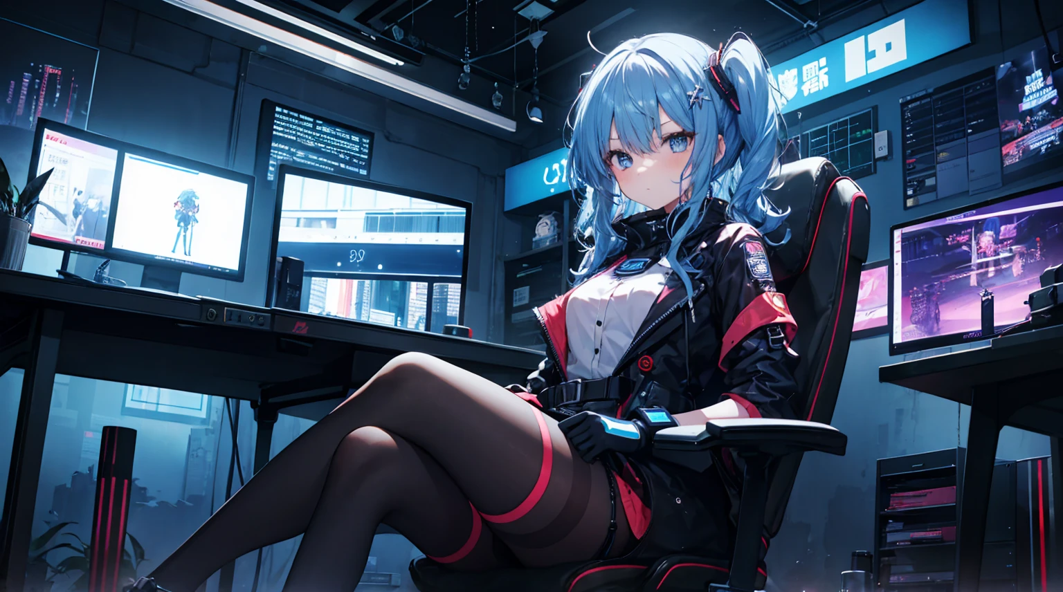 one-girl,byself,Girl with medium straight blue hair,dishiveredhair,hair straight,blue color eyes,cyber punk personage,the night,beside a window , night city background,Digital punk, Anime style 4k, Short-sleeved game suit,sit in a gaming chair,in a bedroom,Computer,black pantyhoses,hoshimachisuisei, suisei hoshimachi、The character is centered