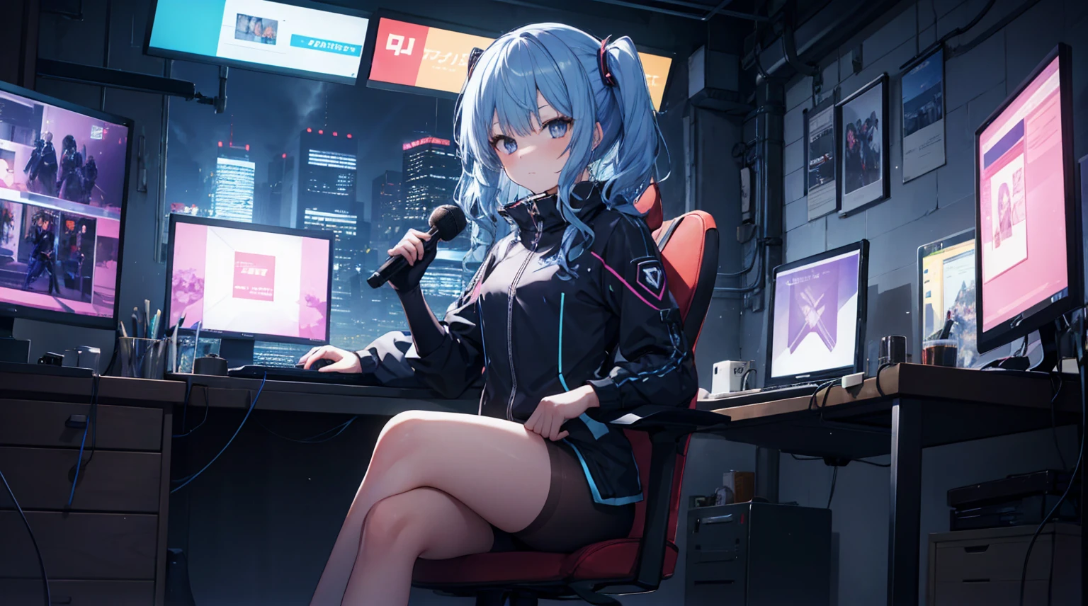 one-girl,byself,Girl with medium straight blue hair,dishiveredhair,hair straight,blue color eyes,cyber punk personage,the night,beside a window , night city background,Digital punk, Anime style 4k, Short-sleeved game suit,sit in a gaming chair,in a bedroom,Computer,black pantyhoses,hoshimachisuisei, suisei hoshimachi、The character is centered