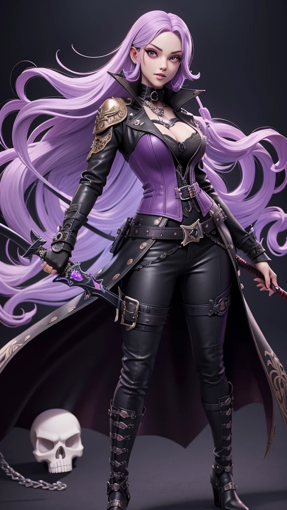 Illustrating Marionne, the demon huntress, She has long wavy lilac violet hair and gray eyesclad in a form-fitting black leather outfit, comprising a wine leather trench coat, a snug red corset embellished with belts and chains, coordinated pants, long leather boots for added defense and a gothic flair, wielding a large sword with a skull-adorned guard and a realistically styled hilt, against a dark backdrop to enhance the mysterious aura, Illustration, digital art with intricate textures, --ar 16:9 --v 5 in
