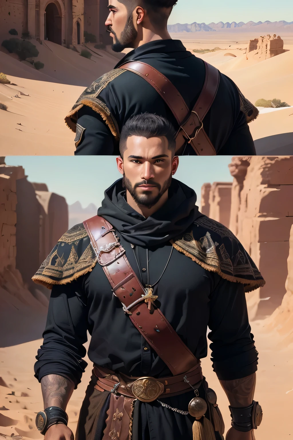 ((best quality)), ((masterpiece)), (detailed), Prize-winning works, with incredible details, maximum textures and details, mantea ,1 An adventurous monk black man in dark clothes and heavy fabrics ,(30 year old murderer:1.1,detailedeyes, face detailed, whole body:1.1,the background is a desert ),(best qualityer:1.2,ultra detali:1.1,realisitic:1.37),stone medieval ancient city ,eyeshadows,hidden identity,sharp focus,swirly vibrant colors,moonlights), (twilight), (natta), 8K