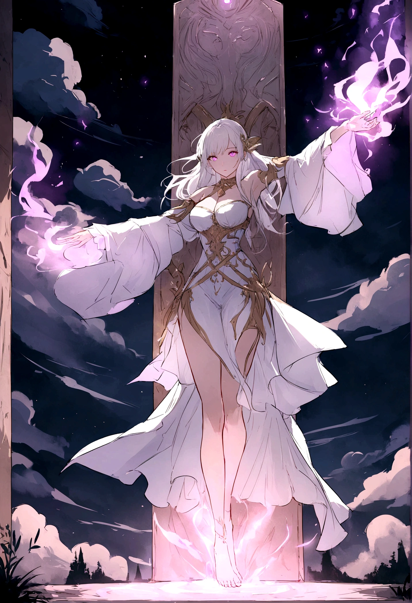Work of Art Work of art, best qualityer, illustration, Woman, alone, shrouded in a glowing aura of psychic energy, floating silvery white hair, eyes glowing brightly purple, skin with a silvery glow, costumes vibrating with power, top clothes bench, blue underwear, sparkling psychic marks, night sky, plein-air, magie, spells, moonligh, stele, clouds, mysterious glow, enchanting, magical, marvelous, mighty, majestic, enchanting, naturalist, Figurative, representative, Beauthfull, enchantinga, Woman, human feet, Woman pirata.