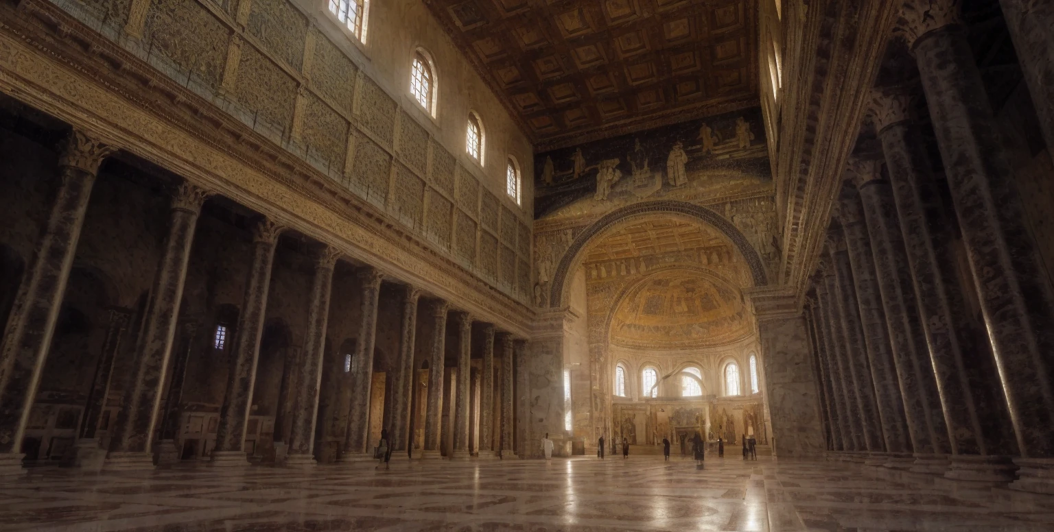 arafed view of a large cathedral with a large ceiling, interior of the old cathedral, inside view, with great domes and arches, by Cimabue, by Taddeo Gaddi, the narthex, in a monestry natural lighting, romanesque style, interior view, in this church interior, by Quirizio di Giovanni da Murano