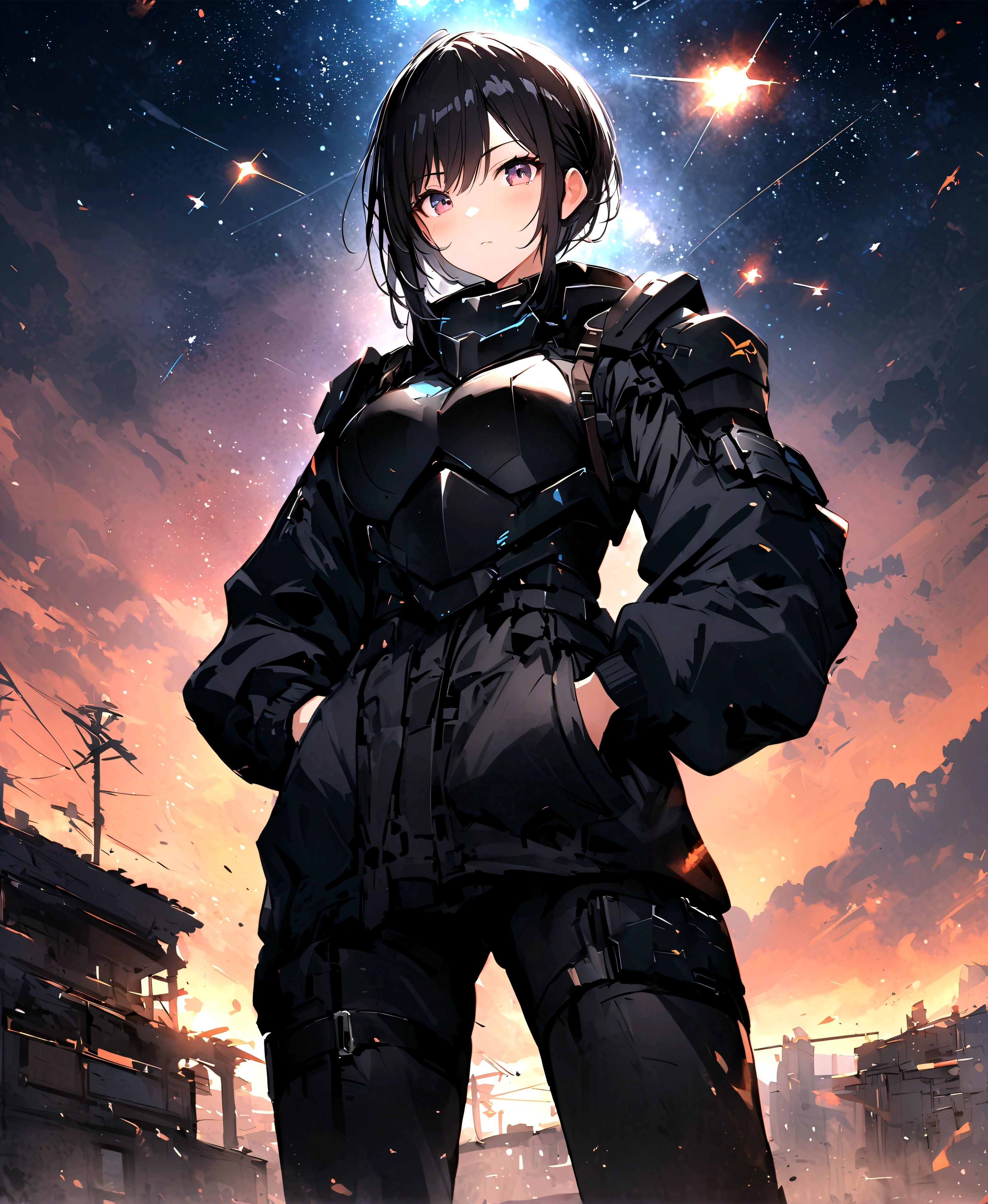 ank0、Very detailed、Painting、Female 1 person、Bluish black hair、Hands in pockets、Black Armor、Are standing、mcnm、Starry Sky、Evaluation Questions、BREAK Highest quality, looking at the viewer、masterpiece、e621、Digital Art 、Score 9、Score 8 up、Score 7 up
