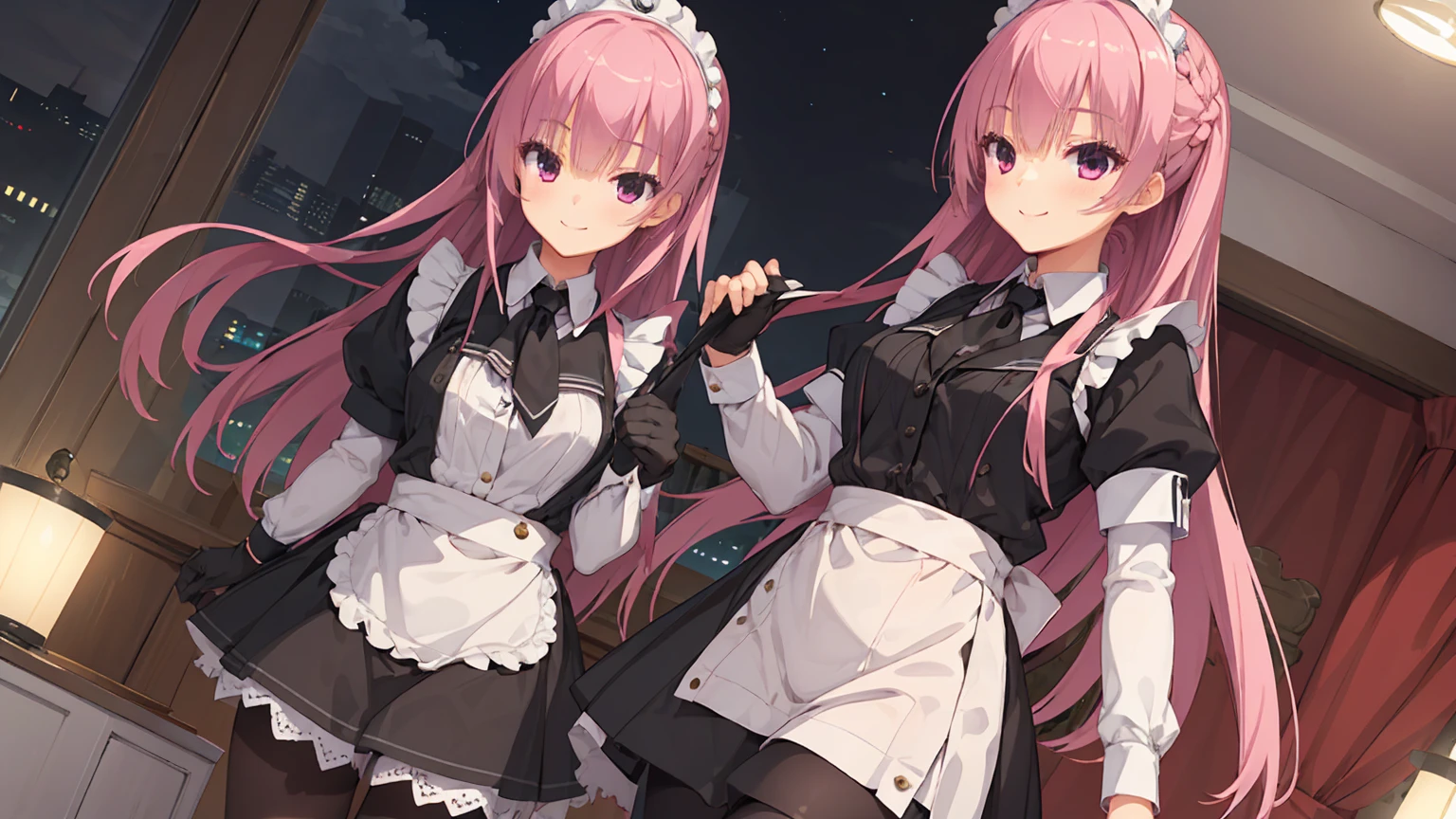 a girl，solo，Long pink hair，gentle，Smile，medium long hair，Distribute，black maid outfit，short skirt ，black gloves,night,digital punk, indoors，((White pantyhose))，white underwear，sansilinglai、character-centered