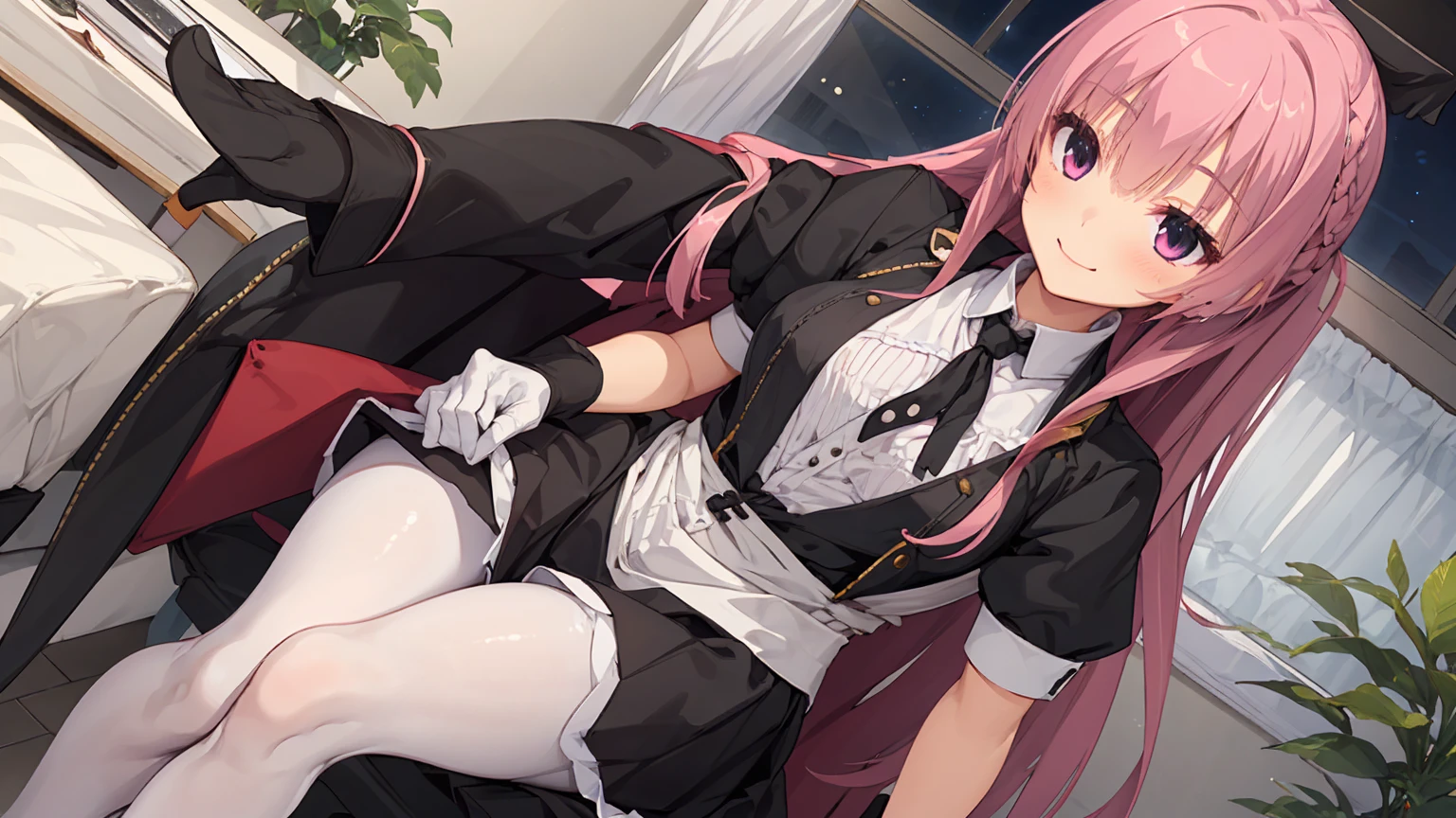 a girl，solo，Long pink hair，gentle，Smile，medium long hair，Distribute，black maid outfit，short skirt ，black gloves,night,digital punk, indoors，((White pantyhose))，white underwear，sansilinglai、character-centered