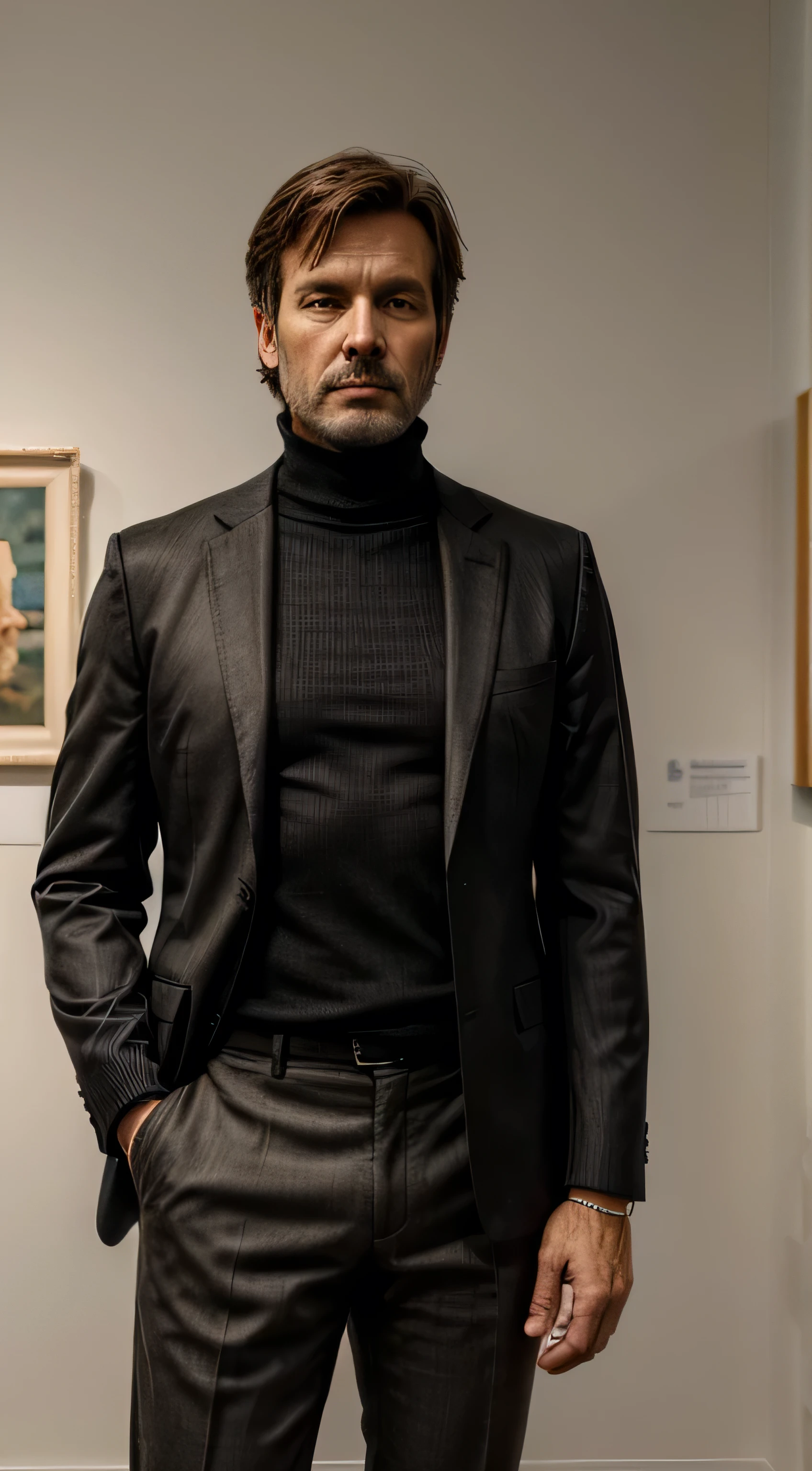 a rich middle-aged man, tall and fit, wears a black suit with black turtleneck sweater, middle-lenght brown hair, he is in an art gallery, it is night, full body view, ultra realistic