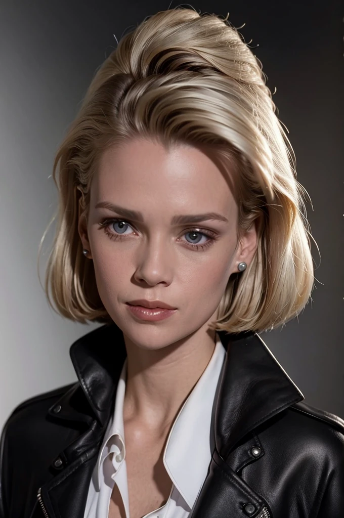 photo of a beautiful woman, (black leather coat white silk shirt:1.2), short hair, blonde hair, detailed face, detailed eyes, upper body focus, mouth closed, smile, looking at viewer, (black background:1.2),  