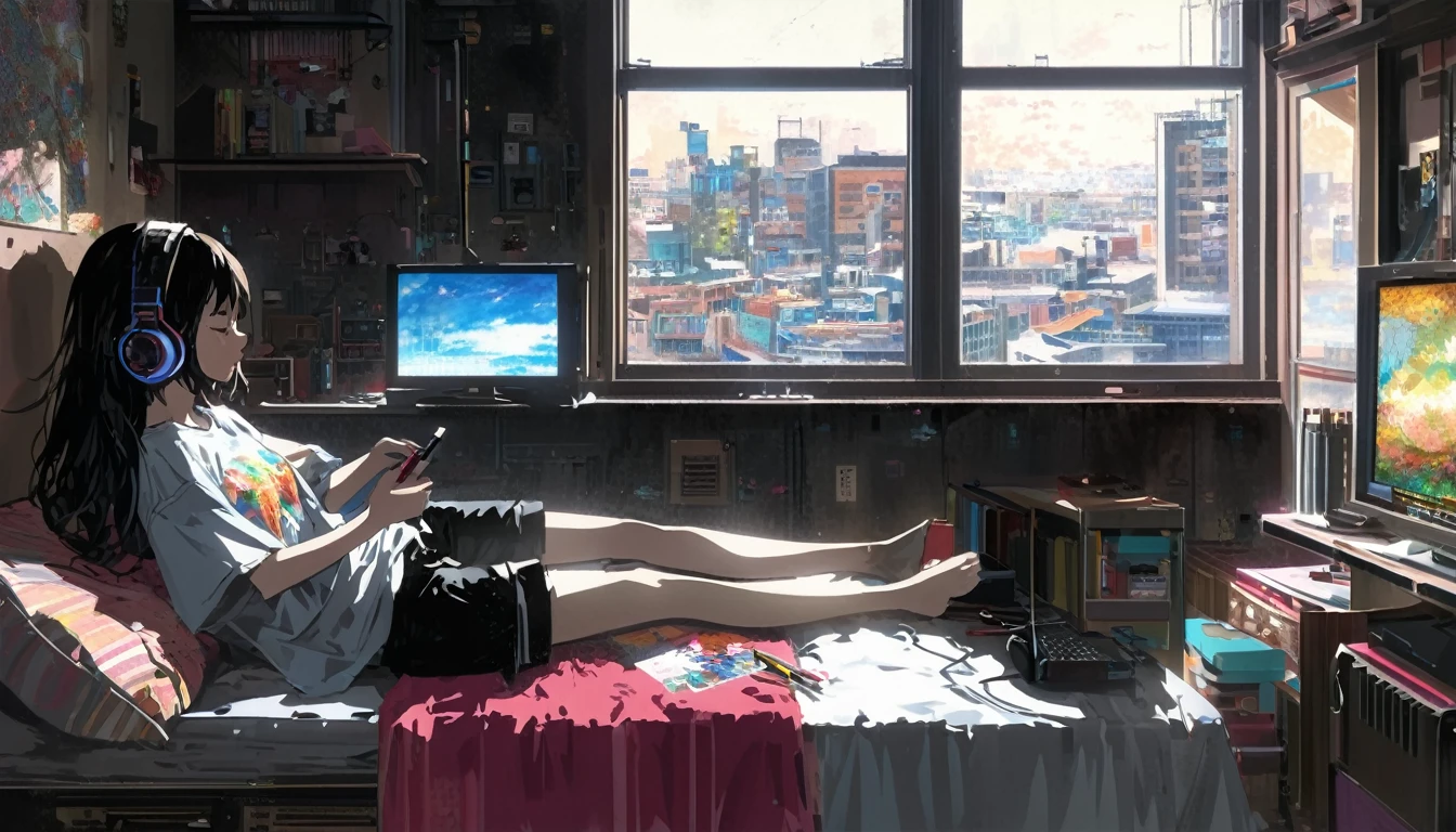 Super detailed:1.3, (Absurd, texture, masterpiece), pixiv Contest Winner, John Berkey, Dynamic cartoon style illustration,Oversized T-shirt、stand lighting、Colored pencil style、anime bedroom scene of 2 girls wearing headphones sitting on a bed playing a video game,Room with a window、High precision、detailed、8K,Dark aesthetic,Euphoric,Black shorts,Beautiful woman,Old alley background, Dozing off,Crayon colored Zentangle,overview,Anime key visual,japanese style,kyoto background