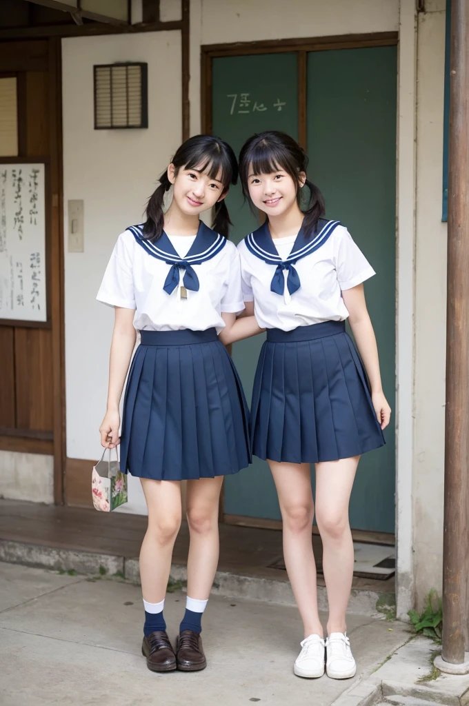 2 girls in old-Japanese town on school trips,white sailor shirt,navy blue pleated skirt,18-year-old,bangs,a little smile,thighs,knees,short hair with low pigtails bunches,from below,front light