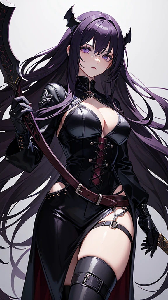Illustrating Marionne, the demon huntress, She has long wavy lilac violet hair and gray eyesclad in a form-fitting black leather outfit, comprising a wine leather trench coat, a snug red corset embellished with belts and chains, coordinated pants, long leather boots for added defense and a gothic flair, wielding a large sword with a skull-adorned guard and a realistically styled hilt, against a dark backdrop to enhance the mysterious aura, Illustration, digital art with intricate textures, --ar 16:9 --v 5 in