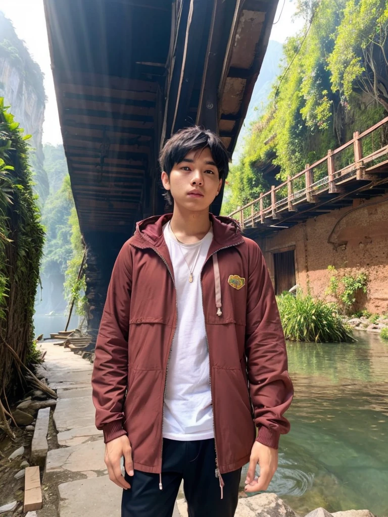 Canyon Taiju Ruins Pickaxe Explorer Explorer maroon hoodie jacket, 26 year old young man, black pants, Indian face, Short Hair, in the Absurd Big Lake Ruins Big Sky Vast Nature