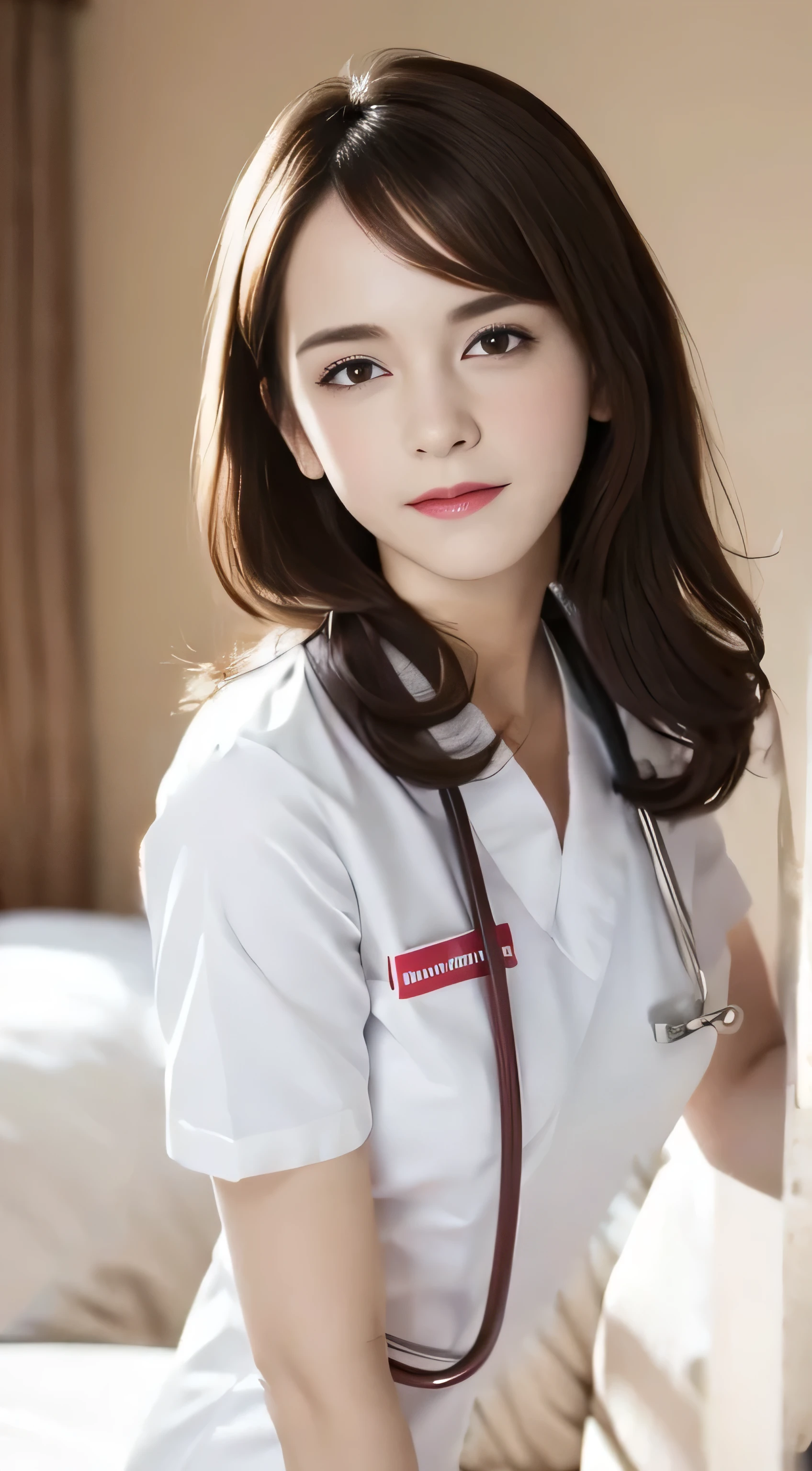 Wearing a nurse's costume,Looking to the side,