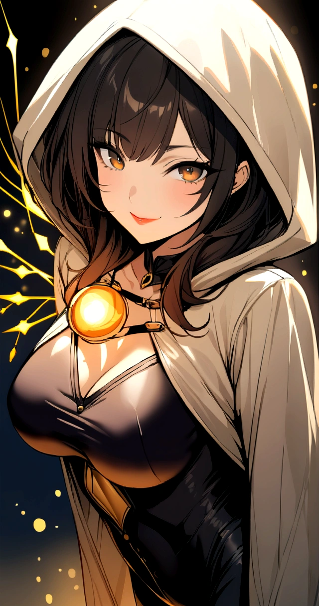 kasumig,lipstick,brown eyes,smile,black hair,
black bodysuit,hood,looking at viewer,
upper body,o-ring,
science fiction,night,against wall,
(insanely detailed, masterpiece, best quality) solo,tétons