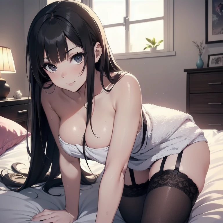 1girl, anime, black eyes, long black hair with square bangs, very long black hair, super long black hair, adult, hourglass figure, nerdy, ((((bed)))), (happy), (((bath towel))), playful, ((gamer girl)), lights off, dim, (night time), minimal lighting, ((black thigh highs)), ((garter)), inviting, suggestive, ((close-up pov))