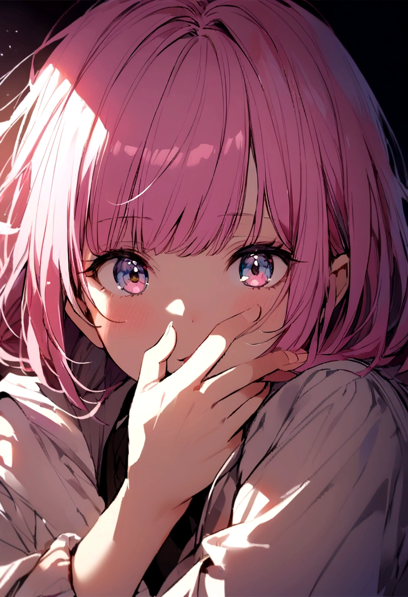 Put your hand to your mouth、I see、Pink Hair、nod、