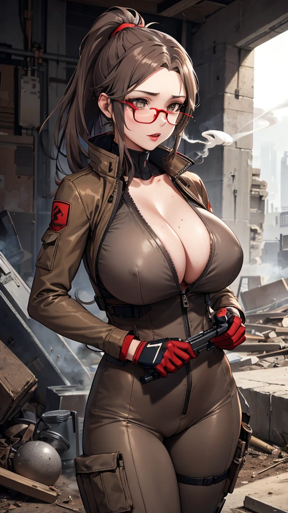 brown and gray sniper girl wearing brown militray suit,Huge Breasts,ruins,red glasses,Thick smoke,cleavage,Lipstick,pant,ponytail hairstyle