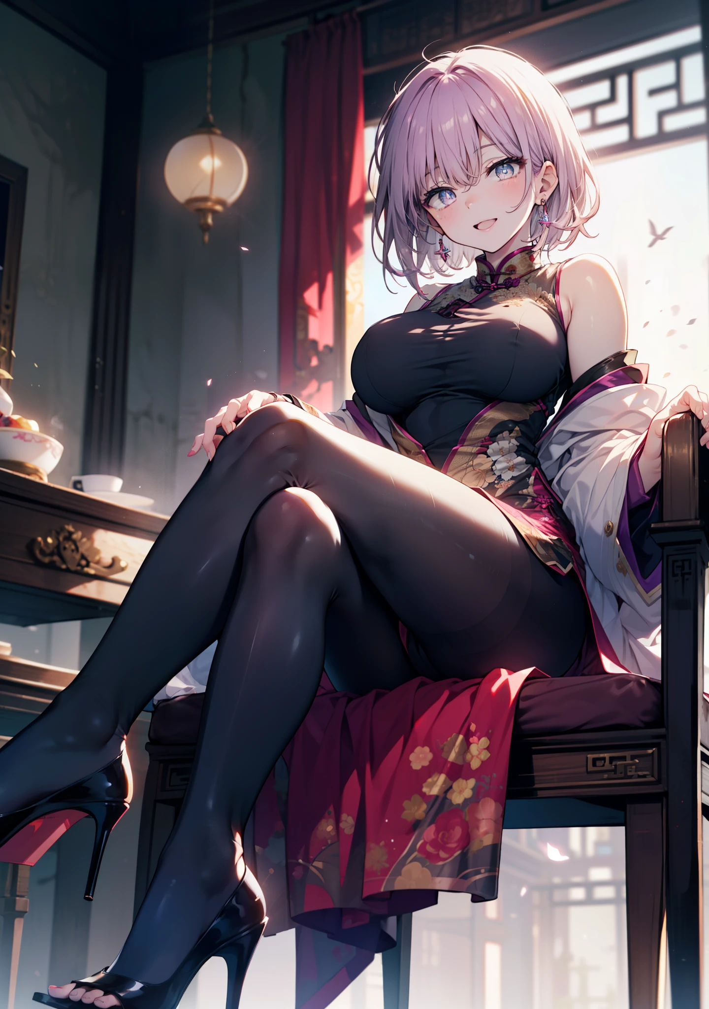 akaneshinjou, shinjou akane, Light purple hair, (Pink Eyes:1.2), happy smile, smile, Open your mouth,short hair,Red-rimmed glasses,hair band,Big Breasts,Sleeveless purple cheongsam,Long slit,Black pantyhose,Stiletto heels,sitting cross-legged on a chair,
break looking at viewer, whole body, 　　　　　　　　break indoors, room,　　　　　　　　　　 　　　break (masterpiece:1.2), Highest quality, High resolution, unity 8k wallpaper, (shape:0.8), (Beautiful and beautiful eyes:1.6), Highly detailed face, Perfect lighting, Extremely detailed CG, (Perfect hands, Perfect Anatomy),
