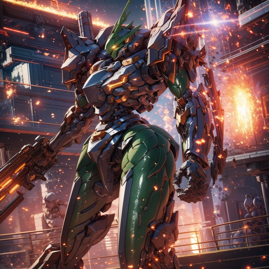 (work of art, best qualityer:1.5).Slender mech holding a medium-sized shotgun. The twig-looking thrusters. (A more rounded and smooth body shape: 2, green snake shield: 1.5). Carried two spare weapons, a closed-barreled shotgun and a heavy-caliber pistol. Extremely detaild, 8K, HDR, naturallight, cinematic lighting, masterpiece-anatomy-perfect, ultra HD, (Space Combat:1.5, Battlefield:1.5), RAW photo, metallic, professional, ultra-fine painting, perfect body proportions, anatomically correct, uhd, real texture material, Anti-Aliasing, FKAA, TXAA, SSAO, Post Processing, Post Production, Tone Mapping, CGI, VFX, SFX, hyper maximalist, Volumetric, ultra photorealultra-detailed intricate details.