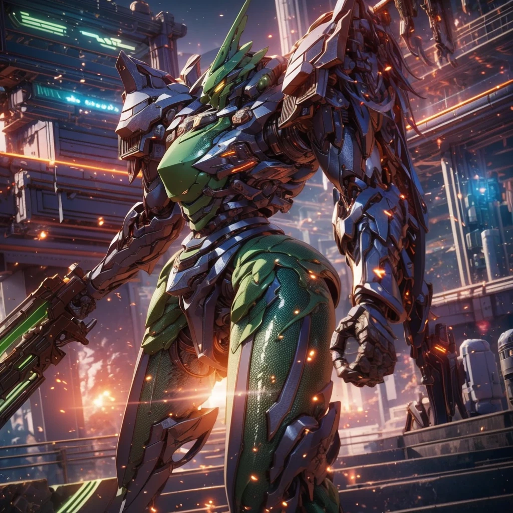 (work of art, best qualityer:1.5).Slender mech holding a medium-sized shotgun. The twig-looking thrusters. (A more rounded and smooth body shape: 2, green snake shield: 1.5). Carried two spare weapons, a closed-barreled shotgun and a heavy-caliber pistol. Extremely detaild, 8K, HDR, naturallight, cinematic lighting, masterpiece-anatomy-perfect, ultra HD, (Space Combat:1.5, Battlefield:1.5), RAW photo, metallic, professional, ultra-fine painting, perfect body proportions, anatomically correct, uhd, real texture material, Anti-Aliasing, FKAA, TXAA, SSAO, Post Processing, Post Production, Tone Mapping, CGI, VFX, SFX, hyper maximalist, Volumetric, ultra photorealultra-detailed intricate details.