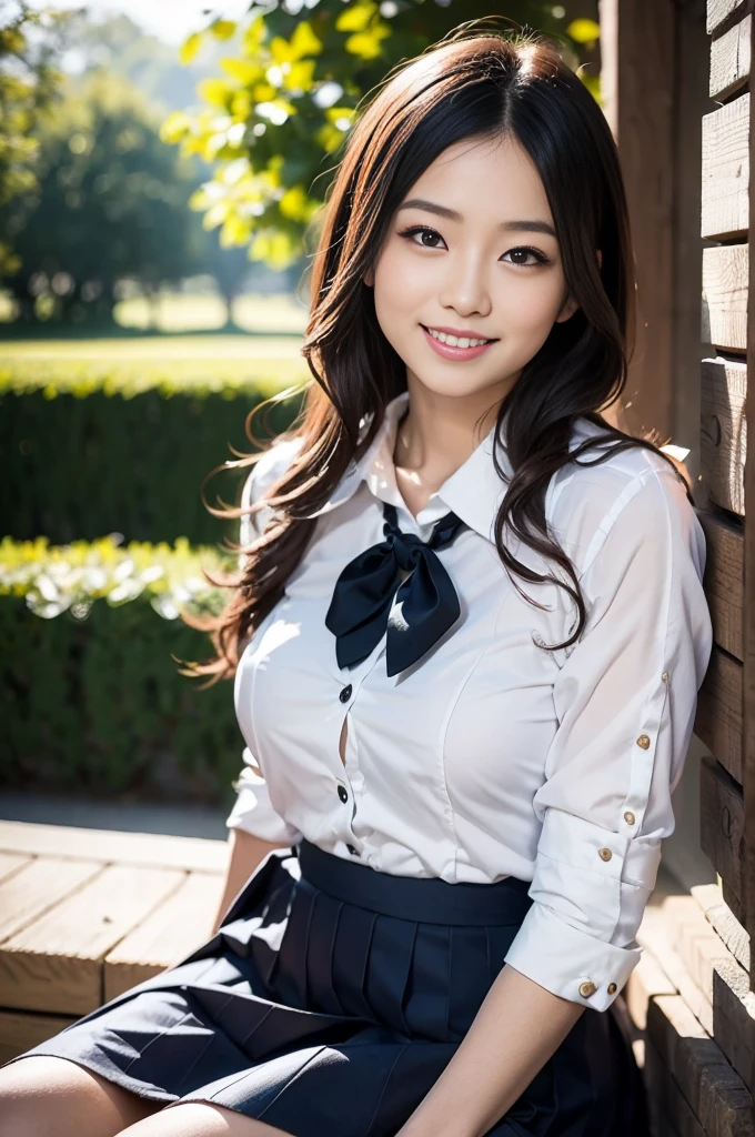 ((top quality, 8k, masterpiece: 1.3)), pretty woman with perfect figure: 1.4, (big breasts: 1.2), very detailed face and skin texture, detailed eyes, high school student, uniform, blouse, mini skirt, (posed at school: 1.2), 1girl, cinematic, full body, goddess of Japan, long hair, smile, there are students, being watched by people,