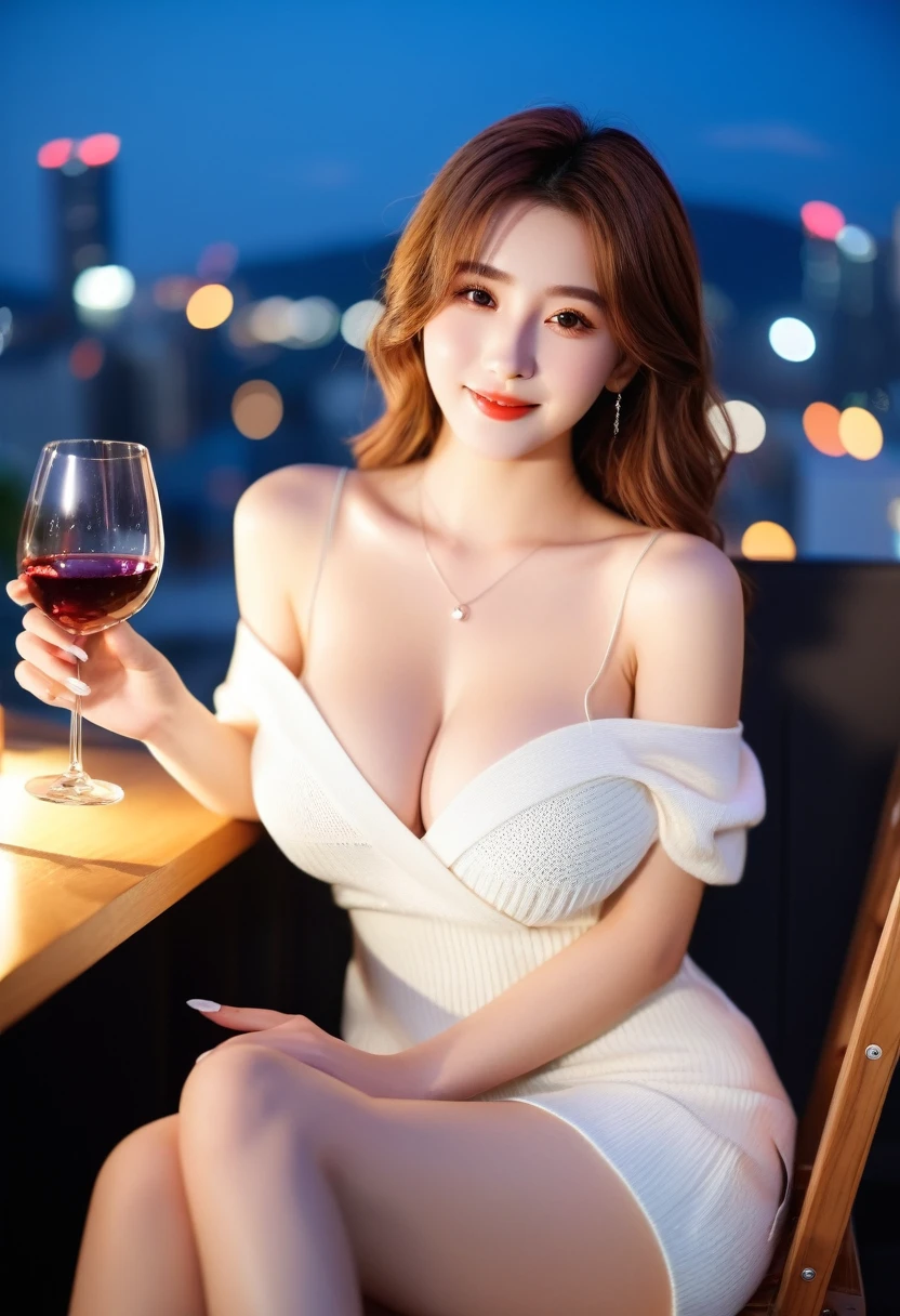 ((Highest quality, 8K, masterpiece: 1.3)),RAW Photos,Realistic atmosphere,Lens flare, Ray Tracing,(Detailed beautiful white skin:1.3),Beautiful Japanese, 20-year-old,A cute face like an idol、shiny light brown hair,(Big Breasts:1.2)big clean breasts,(Sexy facial mole),Pleasant smile,Bokeh city lights background、Stylish rooftop bar at night,sit cross-legged on a chair,Lightweight knit with no loose shoulder straps,Lightweight knit mini dress with off-the-shoulder sleeves,Beautiful nails,Cleavage,Wine and wine glasses on the table,A little drunk blush,