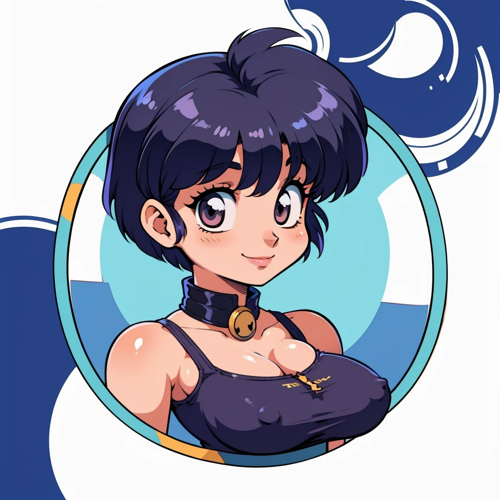 ((1girl, TendouAkane, white background)), upper body, anatomically correct, short hair, chibi, simple background, smile, cleavage,