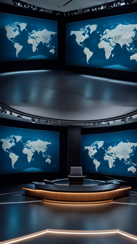 news presentation room, elegant studio, anchor desk, broadcast camera, professional lighting, studio audience, news ticker, world map background, news graphics, modern interior, sleek design, high production value, cinematic lighting, photorealistic, 8k, (best quality ,4k,8k,high,masterpiece:1.2),highly detailed,(realistic,photorealistic,photo-realistic:1.37)