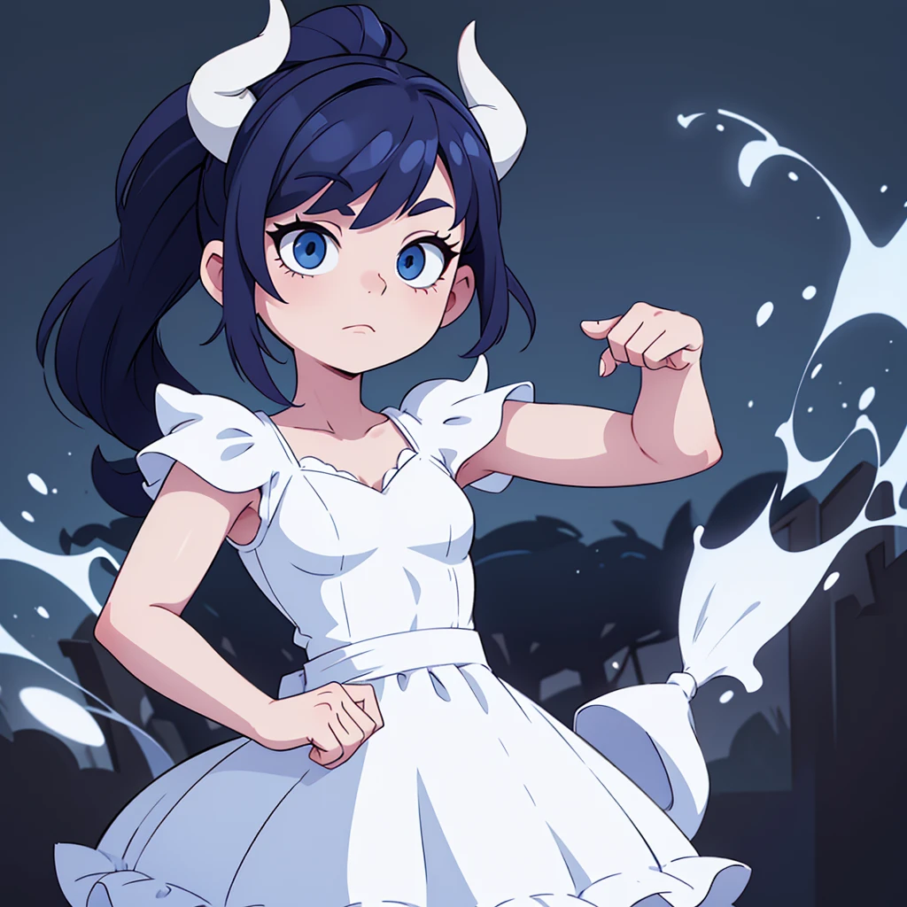 Demon girl with dark blue hair in a small ponytail and white horns. Her skin is pale white and she wears a white dress.