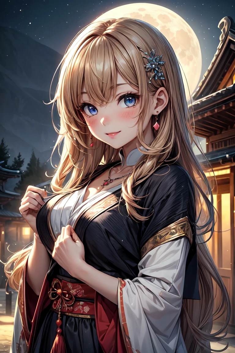 ((masterpiece)), ((best quality)), (ultra-detailed), ((kawaii)), cute, (lovely), ((extremely detailed)), 4K, (8K), best quality, (beautiful), illustration, body shot, ((big moon in the background)), mystical ancient temple, night, a cute girl, 1girl, solo, Japanese, many decorations ethnic costume, beautiful light brown hair, beautiful blue eyes, ((beautiful eyes)), long hair, hair ornaments, necklace, light smile, blush, sparkling effect