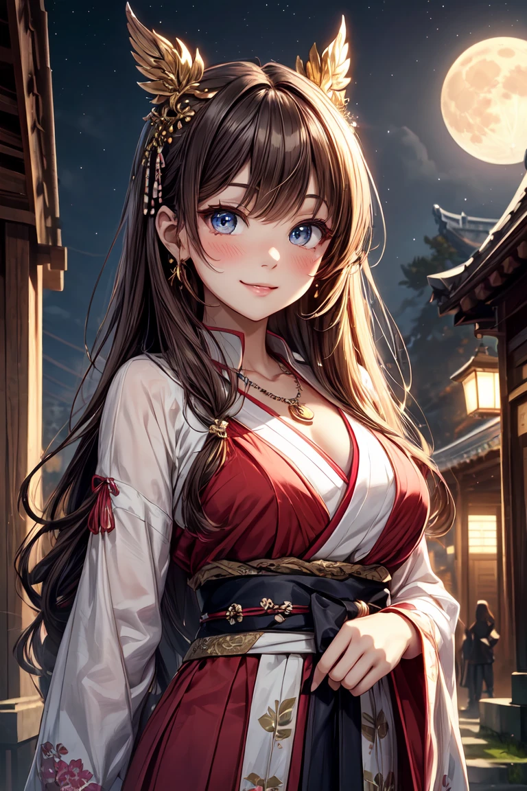 ((masterpiece)), ((best quality)), (ultra-detailed), ((kawaii)), cute, (lovely), ((extremely detailed)), 4K, (8K), best quality, (beautiful), illustration, body shot, ((big moon in the background)), mystical ancient temple, night, a cute girl, 1girl, solo, Japanese, many decorations ethnic costume, beautiful light brown hair, beautiful blue eyes, ((beautiful eyes)), long hair, hair ornaments, necklace, light smile, blush, sparkling effect