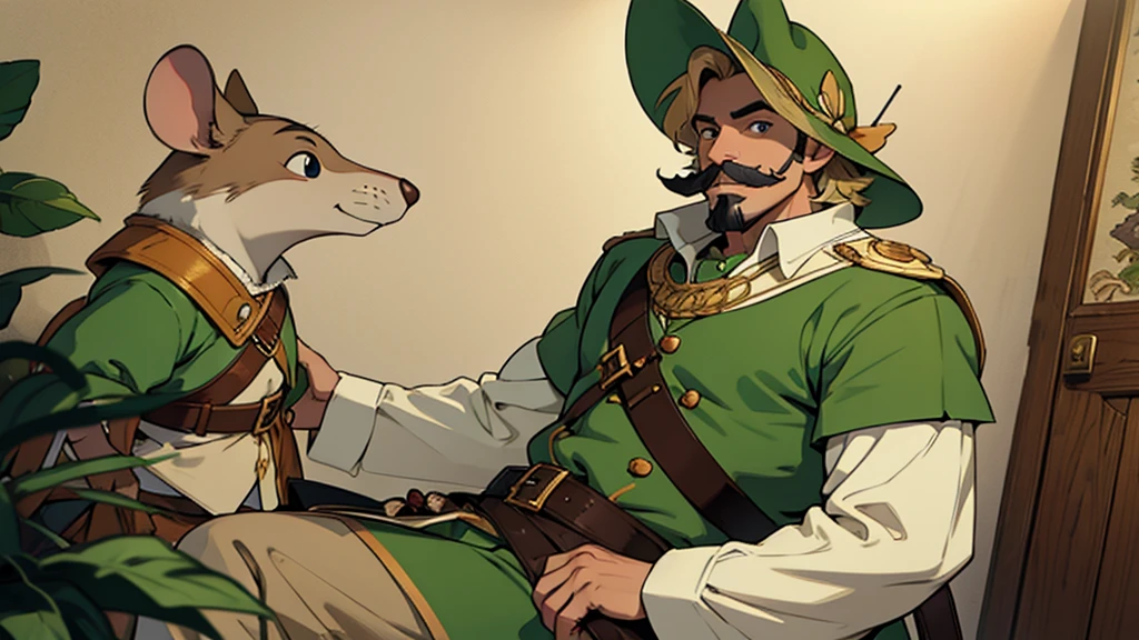 musketeer mouse with beige and green clothes, with a big mustache