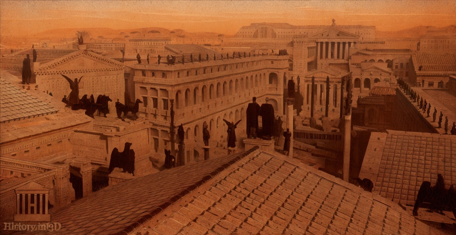 arafed view of a city with a lot of buildings and a clock tower, roman city, rome, ancient rome, rome in background, eternal city, roma, roman monuments, ancient roman setting, rome backdrop, roman historic works, market in ancient rome, old roman style, colosseo, city ruins in the background, ancient roman style, view from slightly above