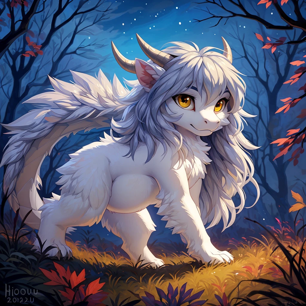 ultra-detailed, masterpiece, masterwork, high quality, best quality, hdr, (nature, night), posted on e621, (by hioshiru), nsfw, male, solo, chibi,, (white body minotaur), hairy dragon, (littlepenis foreskin, perfect balls), (long silver hair, yellow eyes), sitting, from below, dynamic angle