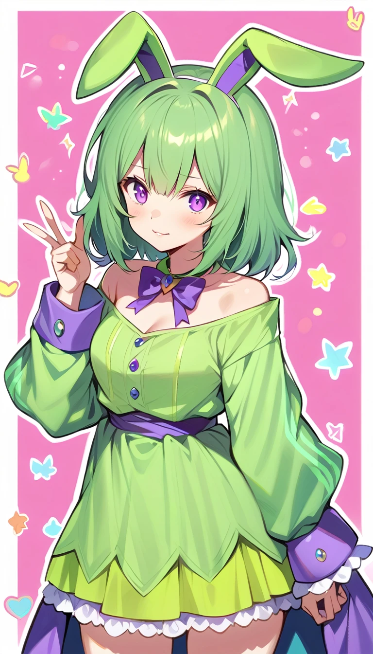 Green medium hair,purple eyes,green bunny ears,random clothes