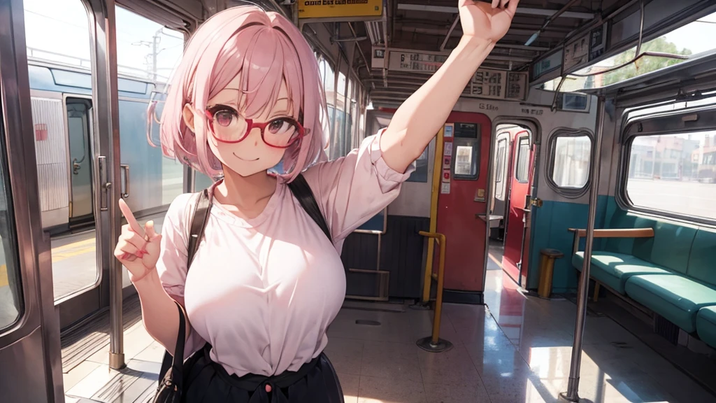 solo,whole body,Standing position right,Light pink hair,Bob Hair,Red Glasses,station,train,smile,Big Breasts,cute,Beckoning