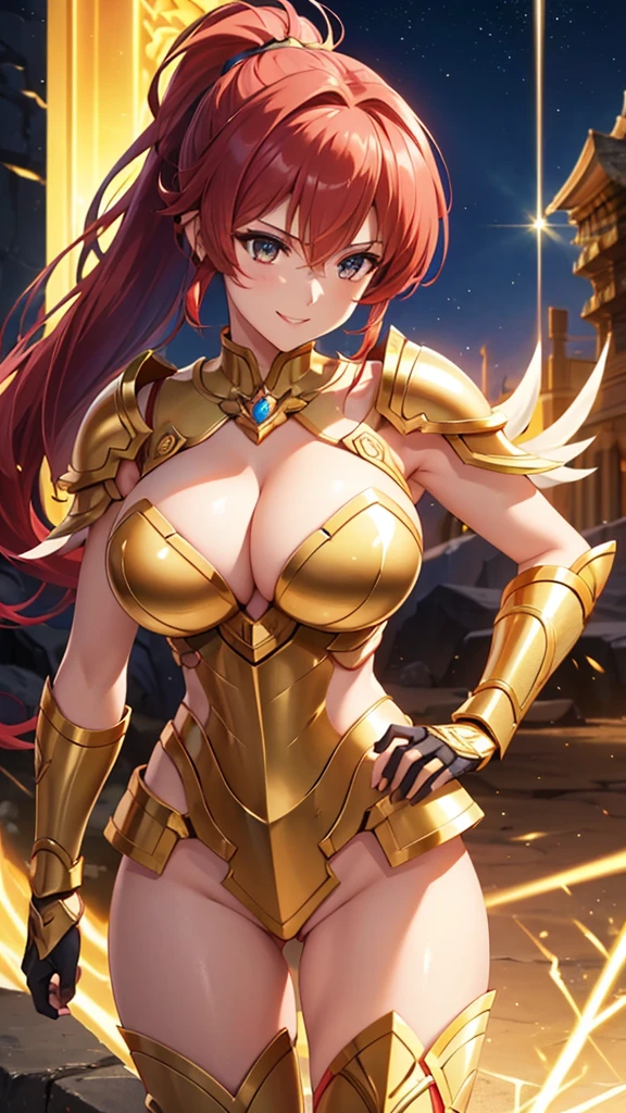 Gold Armor, 4K image, assembly, best quality, masterpiece, movie lighting ,Sexy,Large Breasts,Cleavage,action,In battle,Cleavage,Smile,noble,light beam from hand,Golden lightning surrounds,Red hair,Ponytail hairstyle,Saint Seiya Leo Aiolia,Blink,Lipstick,High purchase price