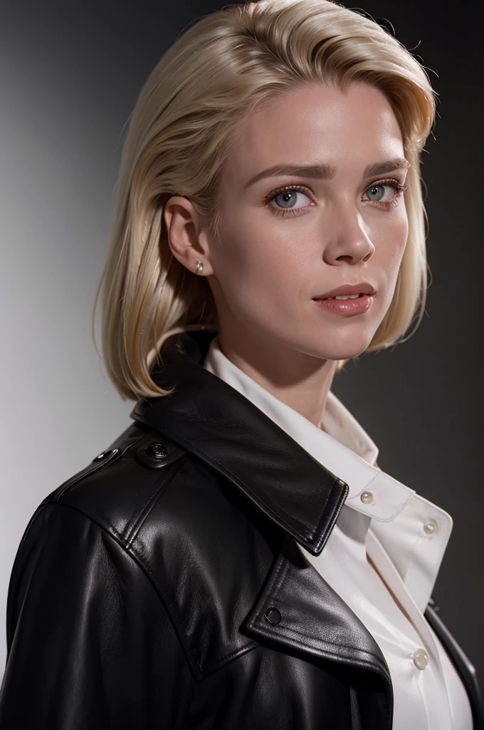 photo of a beautiful woman, (black leather coat white silk shirt:1.2), short hair, blonde hair, detailed face, detailed eyes, upper body focus, mouth closed, smile, looking at viewer, (black background:1.2),  
