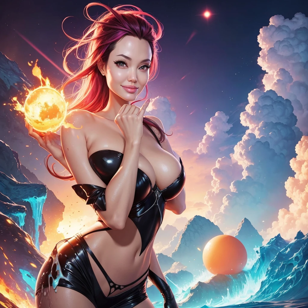 Angelina Jolie confused facial, thinking "What is going on?", dumb smile, brightly colored hair in a shape of nuclear explosion cloud, gigantic breast, meteors, have fun, full body, juicy wet explosion environment, new fantastic species of animals, slime monster behind her, rossdraws cartoon vibrant, rossdraws pastel vibrant, rossdraws 1. 0, rossdraws portrait, rossdraws 2. 0, rossdraws digital painting, rossdraws global illumination, rossdraws 2. 5, glossy digital painting, stunning digital illustration, inspired by rossdraws