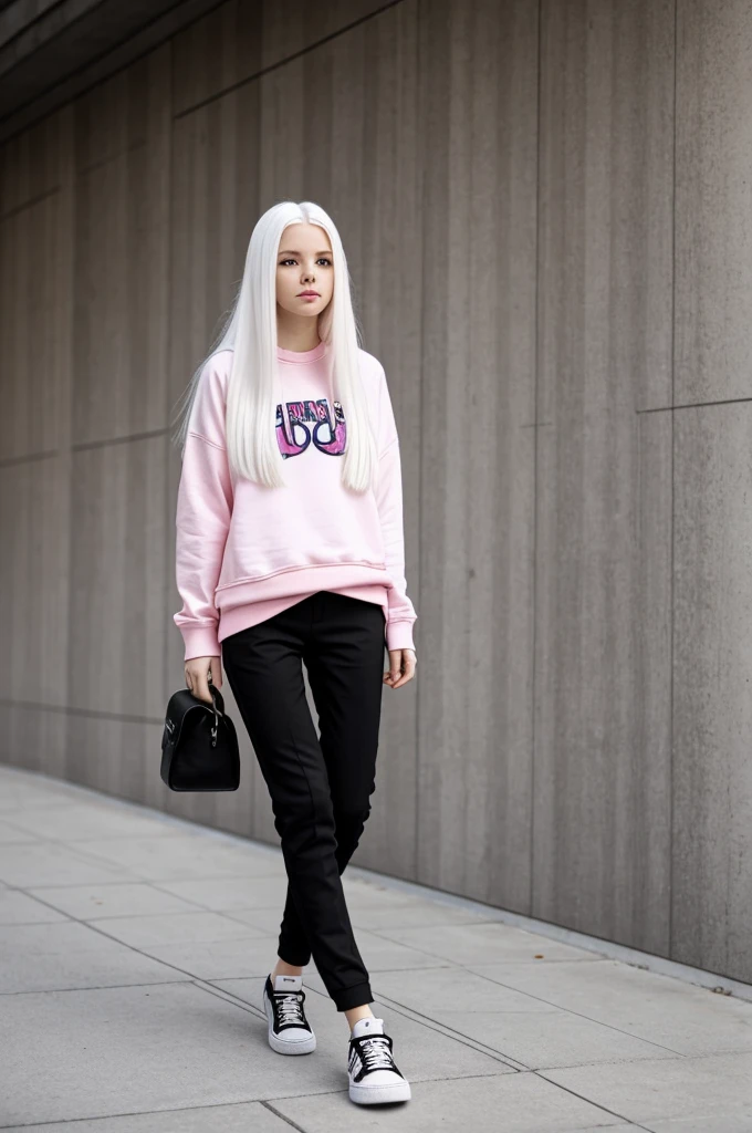 long straight white hair,White skin, pink sweatshirt, black pants and black shoes,Female gender, Cartoon