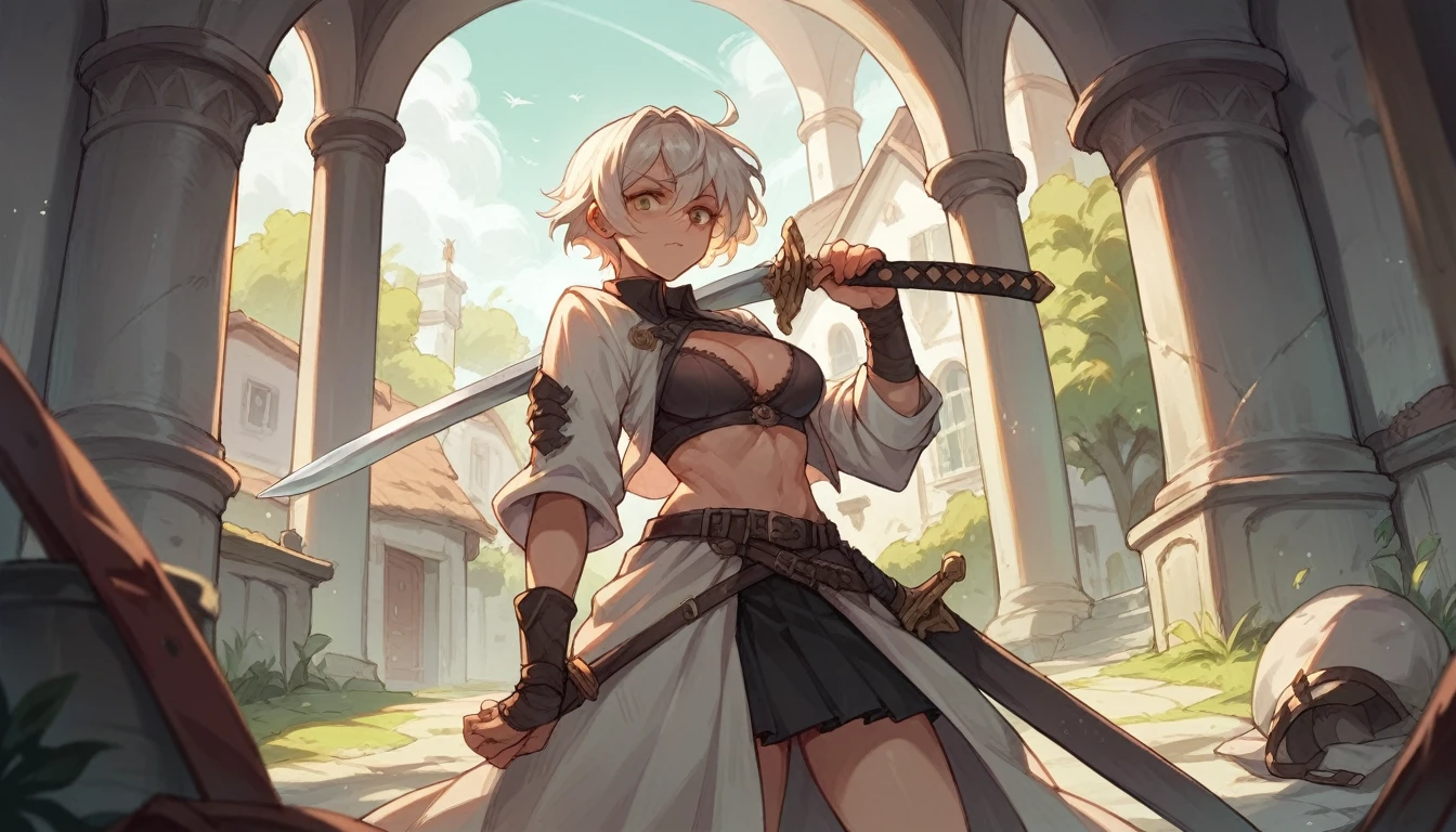 A one-eyed warrior girl in a bra and skirt showing the little white house using a sword