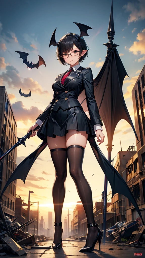 Black short-haired, medium-breasted, bat-eared woman ，Glasses，Bat Wings，Suit，Mini skirt，Bare Legs，black stockings，high heels，spear，ruined city