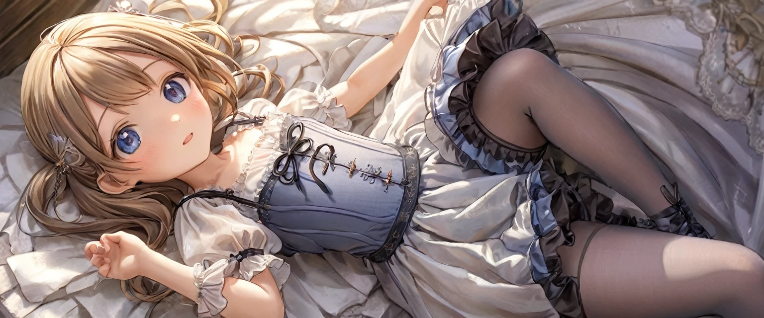 Girls in the Middle Ages、 Gold and silver embroidery、In underwear、Knee-length semi-transparent bloomers(With gold and silver lace)Wearing、Wearing a semi-transparent corset、 Grey translucent tights、Lying down