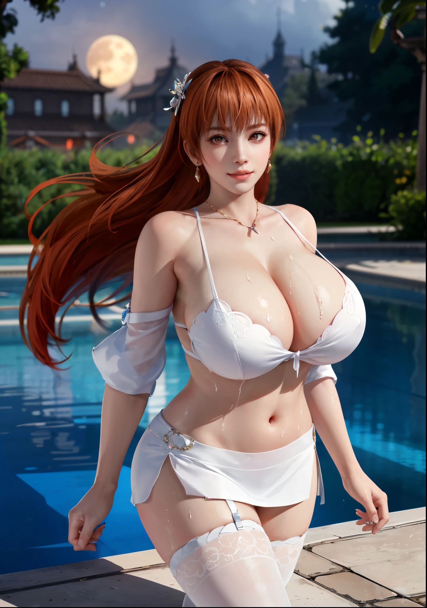 (tmasterpiece), (Best quality at best), (A high resolution), (Beautiful eyes and face), (perfect women figure), realist, Glowing and radiant skin, Extremely detailed eyes and face, (highdetailskin:1.2), (beautidful eyes:1.2), SFW, (Huge cleavage:1 4,),
1 busty girl, only, navel, upper legs, Eternal, arms greeting audience, The gap between the thighs, (), They're smiling, close your mouth, Open lips, looking at viewert, kasumi , perspired, drops of sweat, pullover, wet, Elongated, long whitr hair, Loose hair, is a perfect face, cosmetics, perfect eyes, tmasterpiece, Open lips, The face is red, Glowing and radiant skin, drunk face, demonic smile, Drenched, super huge breasts,比基尼,beverage,fruit,moon,stocks,Wedding dress,wedding,wedding服装,Wedding dress帽,Wedding dress手套