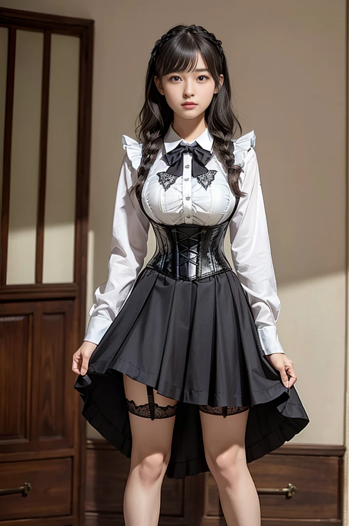 nsfw, RAW photo, best quality, high res, photorealistic, japanese girl, 22 years old, (multiple girls), full body, blankness, Poker Face, Stone-faced, model, large breasts, short hair, wavy hair, curly hair, side braid, grey hair, silver hair, light brown hair, standing, empty eyes, blank eyes, ((thin thigh)), diagonal bangs, cute face, shiny skin, beautiful body, beautiful skin, focus , from below naked, (school uniform, reed bowtie,black pinafore dress, high detailed corset, gothic, frilled dress, beautiful embroidery, (long skirt:1.2):1.4), (using hands to skirtlift:1.3) to show (garter belt and transparent lace shorts:1.2), underwear,