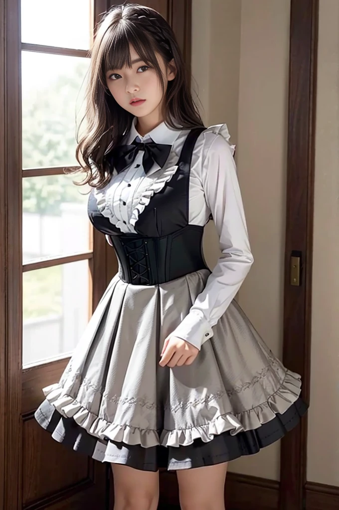 nsfw, RAW photo, best quality, high res, photorealistic, japanese girl, 22 years old, (multiple girls),  full body, blankness, Poker Face, Stone-faced, model, large breasts, short hair, wavy hair, curly hair, side braid, grey hair, silver hair, light brown hair, standing, empty eyes, blank eyes, ((thin thigh)), diagonal bangs, cute face, shiny skin, beautiful body, beautiful skin, focus , from below naked, (school uniform, reed bowtie,black pinafore dress, high detailed corset, gothic, frilled dress, beautiful embroidery, (long skirt:1.2):1.4),  (using hands to skirtlift:1.3) to show (garter belt and transparent lace shorts:1.2), underwear, 
